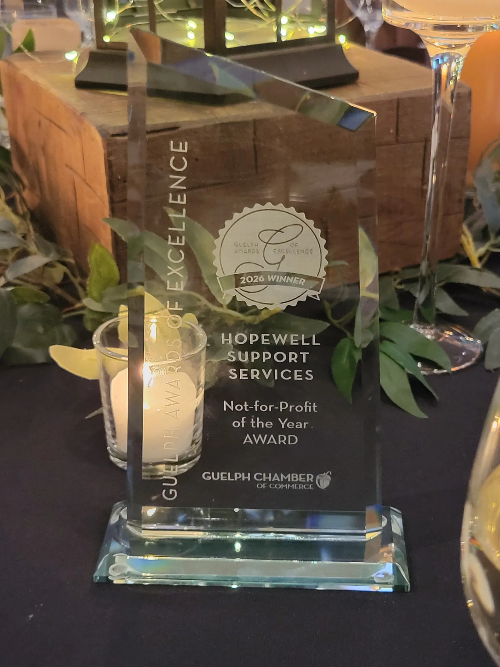 The engraved Guelph Awards of Excellence trophy: Hopewell Support Services, Not-for-Profit of the Year, 2026 winner